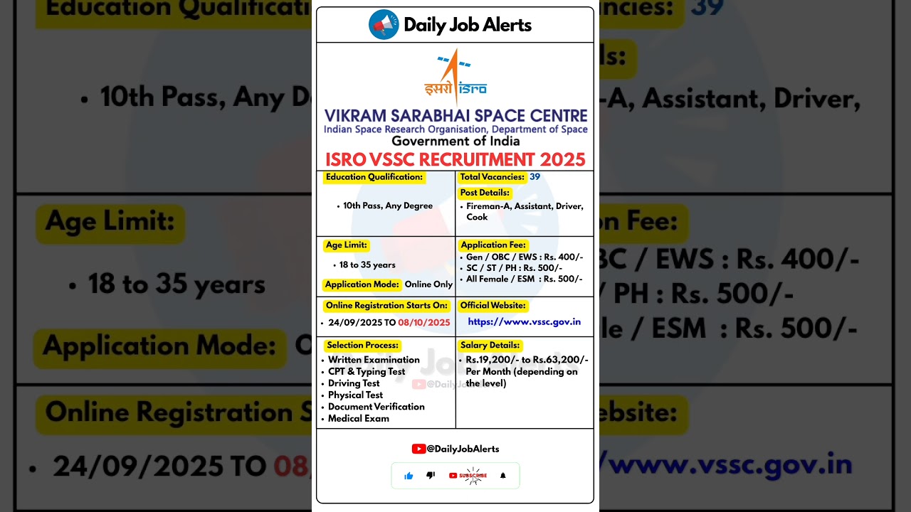 ISRO VSSC Recruitment 2025 | New Vacancy 2025 | Daily Job Alerts #shorts