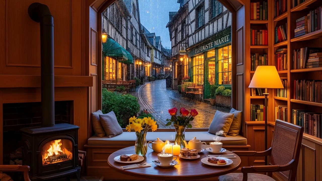 Sweet Rainy Coffee Shop in March ☕🌧️ Soft Jazz Piano, Rain Sounds & Fireplace for Studying & Working
