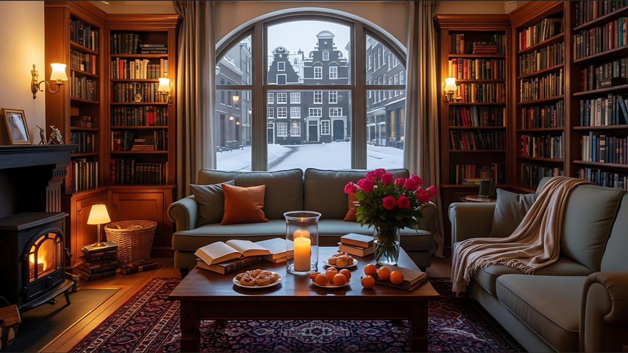 Cozy Winter Coffee Shop Jazz ❄️ Warm Piano & Crackling Fireplace Sounds for Study & Focus