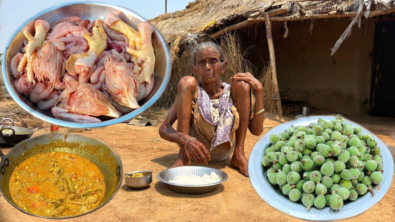 100 year old poor widow Grandma cooking Chicken Spart part with Fig recipe and eating with rice 
