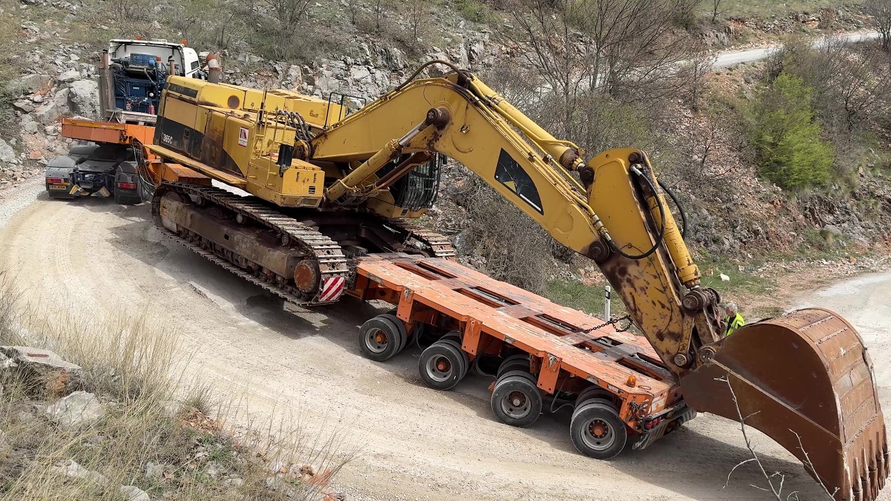 Equipment Transport: Moving a Caterpillar 365C Excavator On Mountain Peaks -Fasoulas H. Transport 4k