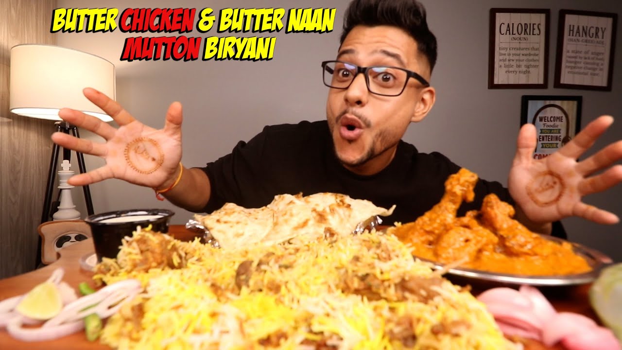 EATING SPICY 1KG HYDERABADI MUTTON BIRYANI WITH CREAMY BUTTER CHICKEN & BUTTER NAAN | MUKBANG