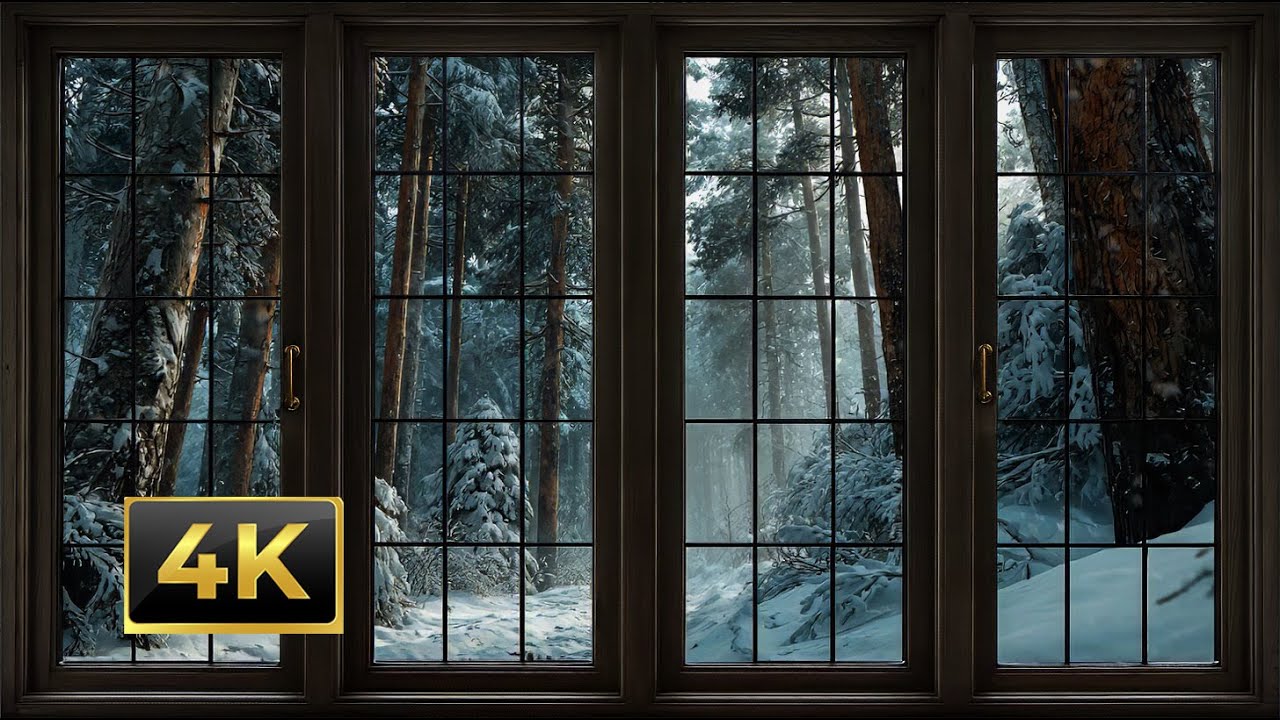 4K Snowy Forest Window View – Quiet Winter Ambience for Sleep & Study
