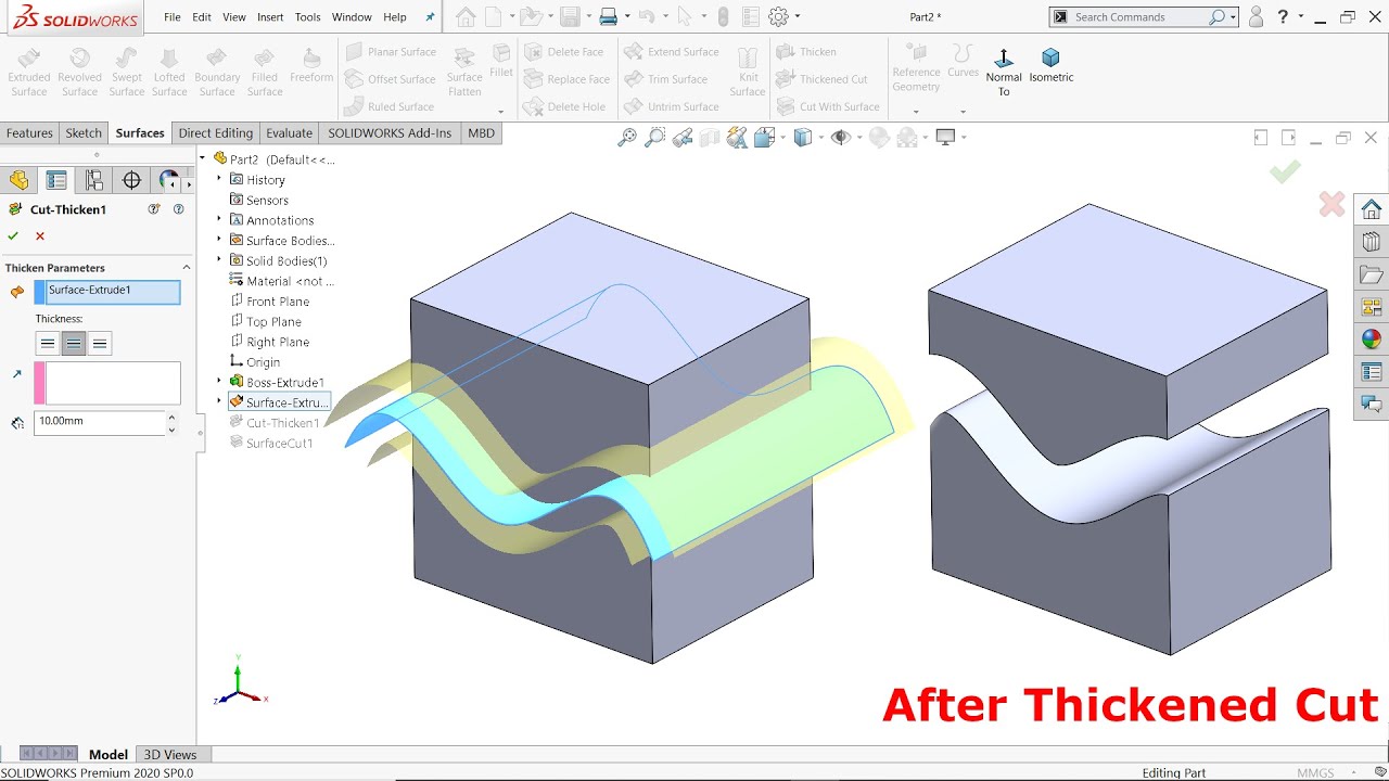 SolidWorks Surface Thickened Cut And Cut With Surface