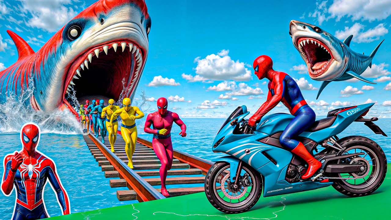 الأبطال الخارقين على القضبان دوامة قمع جسر SPIDER MAN!on Motorcycle in Spiral Bridge Stunt Ride