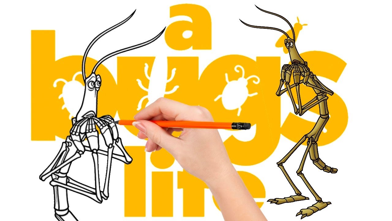 How to draw Slim, a pessimistic walking stick who acts as a clown - A Bug's Life