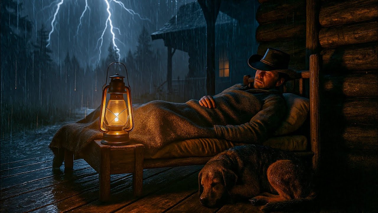 Thunderstorm – Sheltering with My Dog on the Rustic Cabin Porch in the Night Storm|RDR2 ASMR