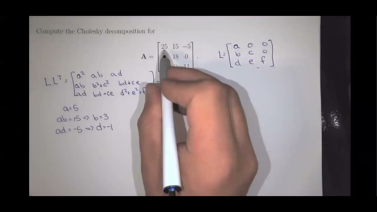 Пример: вычислить разложение Холецкого для матрицы 3x3 [25&15&-5 \\15&18&0 \\ -5&0&1].
