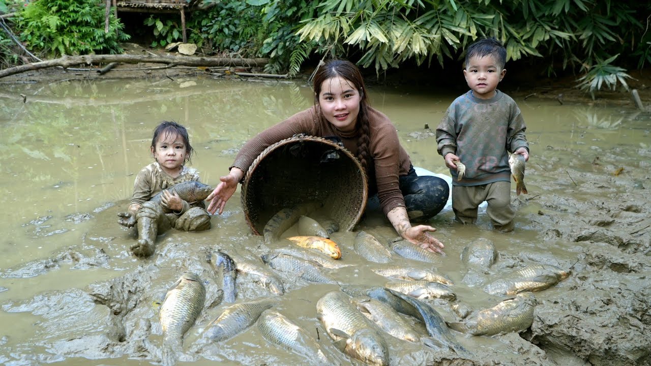 How to harvest a giant fish pond with my little son to sell - cooking with my child