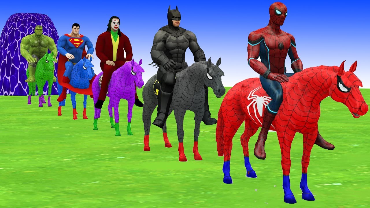 Red HORSE SPIDERMAN Crossing On RAINBOW FOUNTAIN Bridge With Horse Superheroes Rescue Animals Game