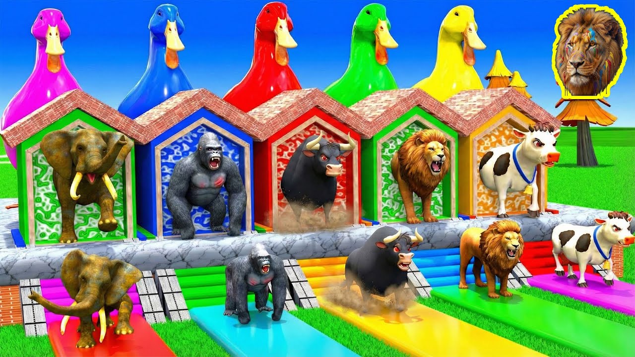 Игра «Длинная горка» с коровой, слоном, гориллой, бегемотом, тигром, 3D-игрой с животными, забавн...