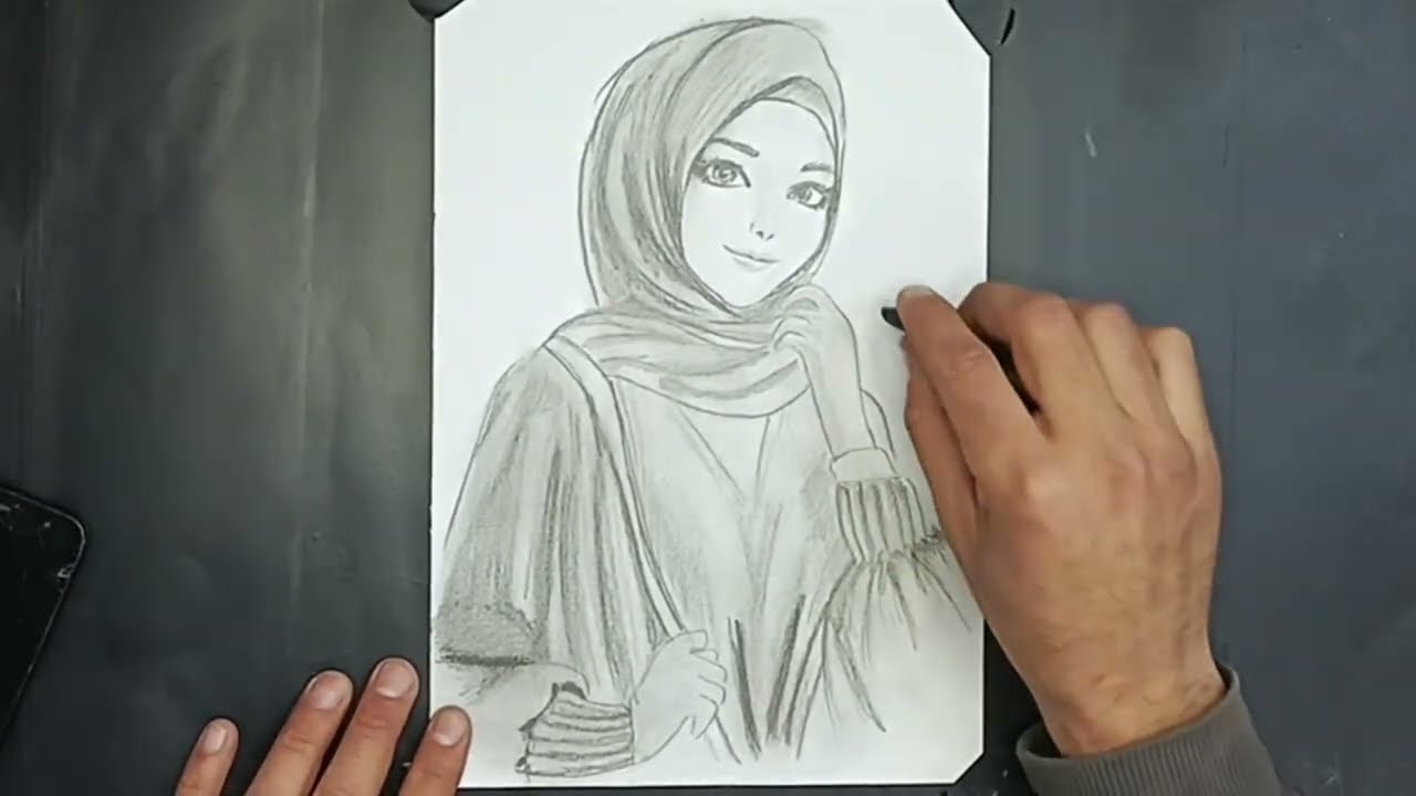 رسم فتاة أنمي محجبة بالرصاص بأسلوب جميل وناعم||رسم بالرصاص رقم 20