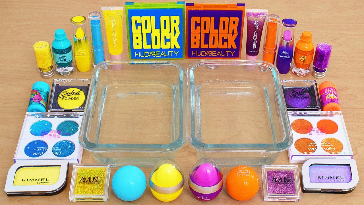 Blue & Yellow vs Purple & Orange - Mixing Makeup Eyeshadow Into Slime ASMR