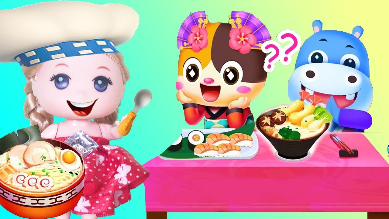 Bé Na Làm Sushi Nhật Bản Cho Mèo Con và Hà Mã Trò Chơi Trẻ Em