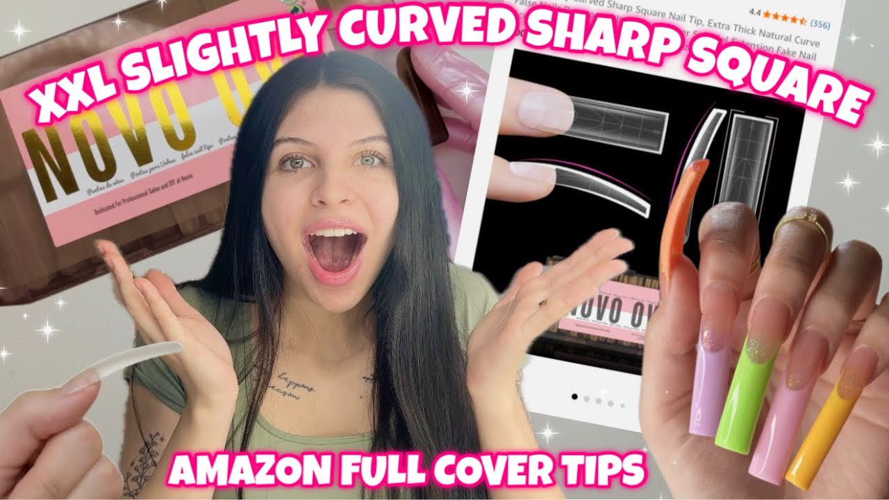 TRYING XXL SLIGHTLY CURVED SHARP SQUARE EXTRA THICK NOVO OVO FULL COVER NAIL TIPS FROM AMAZON