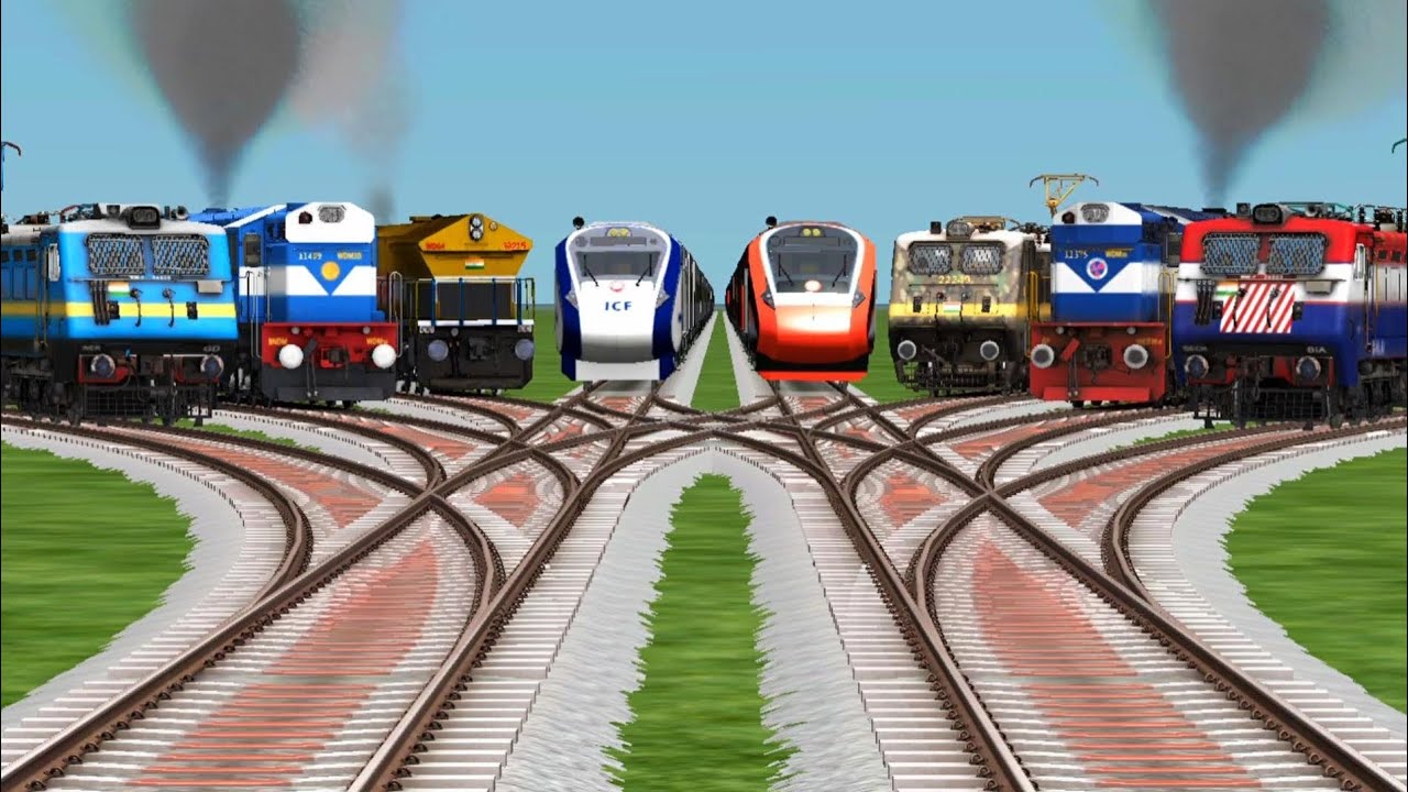 Viii Trains Crossing By Bumpy Branched Railroad Tracks || Train Gameplay || train video for kids 