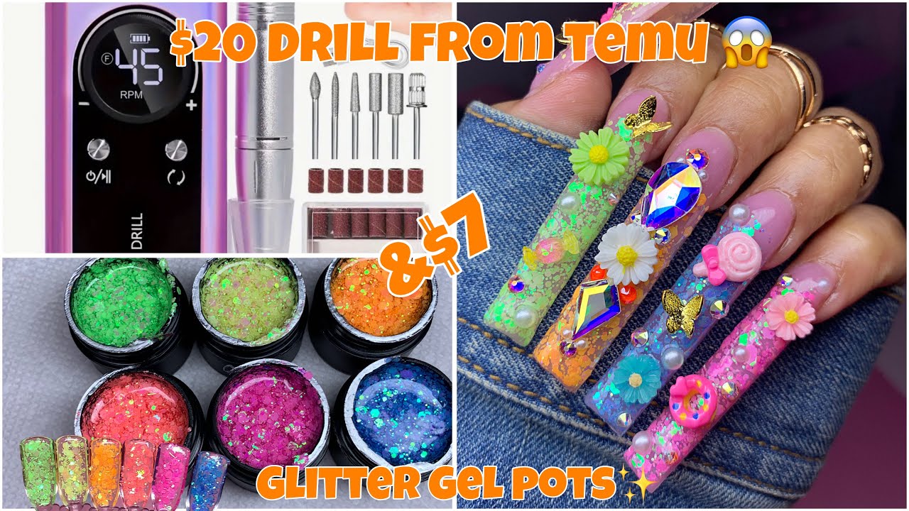 TRYING OUT AFFORDABLE TEMU DRILL & GLITTER POTS 😱✨/ KAWAII ACRYLIC NAILS