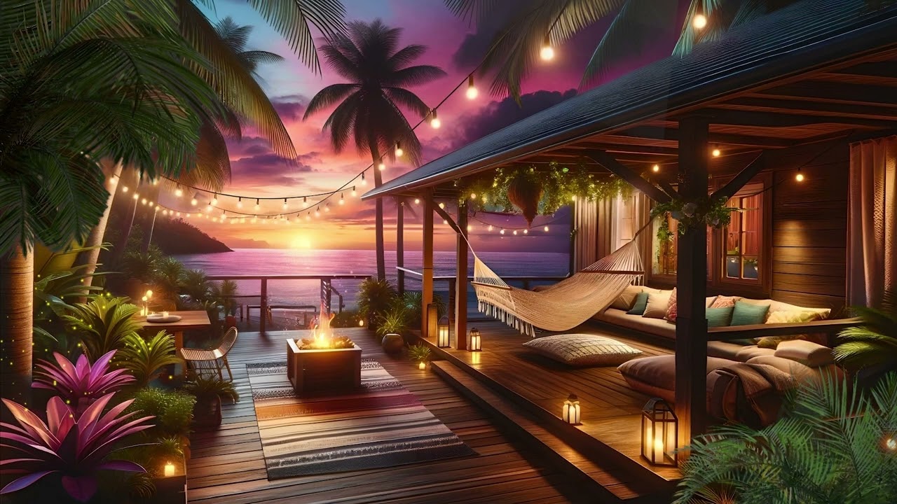 Dreamy Beach Sunset | Ocean Sounds with Wind & Fireplace, a Colorful Evening Escape