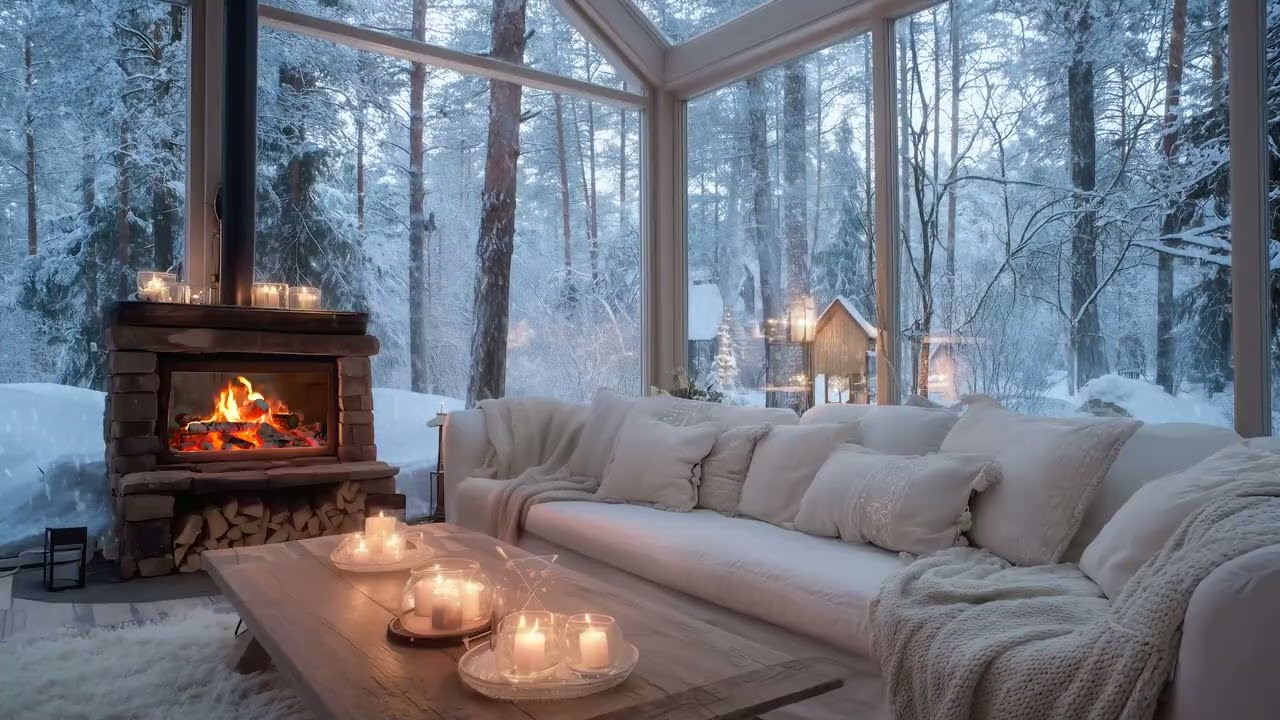 Calm Winter Ambience with Piano | Snow Wind Outside and Crackling Fireplace