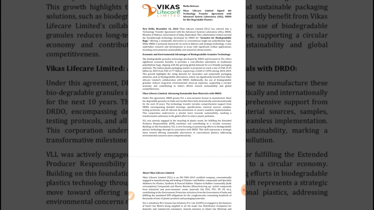 Technology Transfer Agreement with DRDO, Vikas lifecare news, vikas lifecare breaking news 🤝