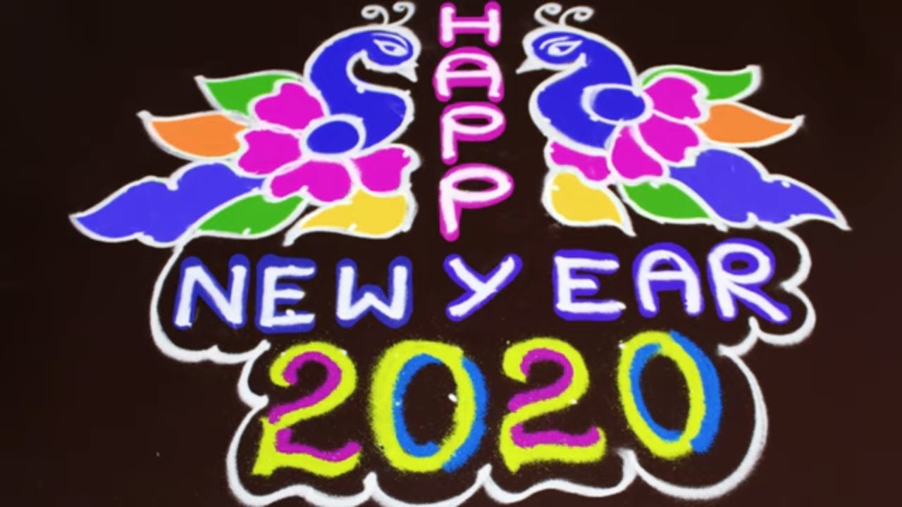 new year rangoli design for 2020 | 14 dots peacock rangoli art | easy kolam by sunitha