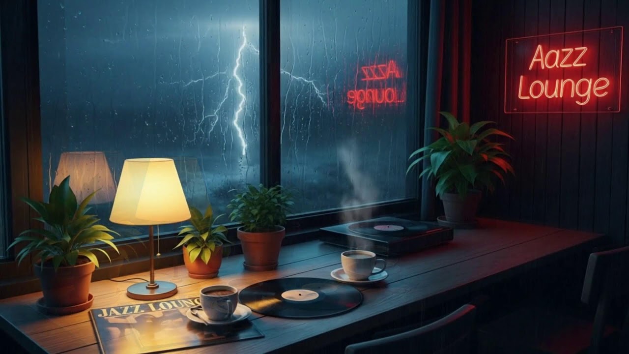 Smooth Rain Thunder Lounge Night ｜ Gentle Study ☕⚡🌙🎷✨📚