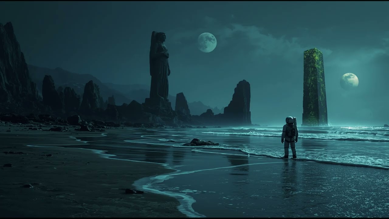 Twin Moons&rsquo; Forgotten Shore 🌊🌙 2-Hour Alien Coast Ambience | Ancient Statues Soundscape | Dreamlike