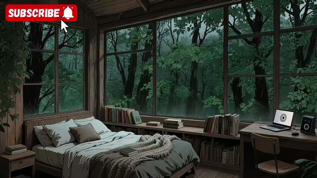 [Bedroom in the Woods During a Storm]