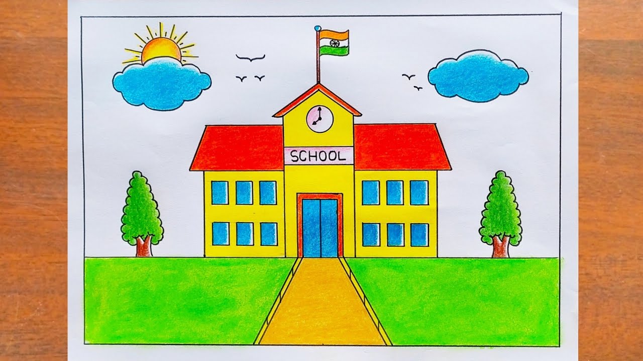 School Scenery Drawing / How to Draw a School Easy and Beautiful Step by Step / My School Drawing 