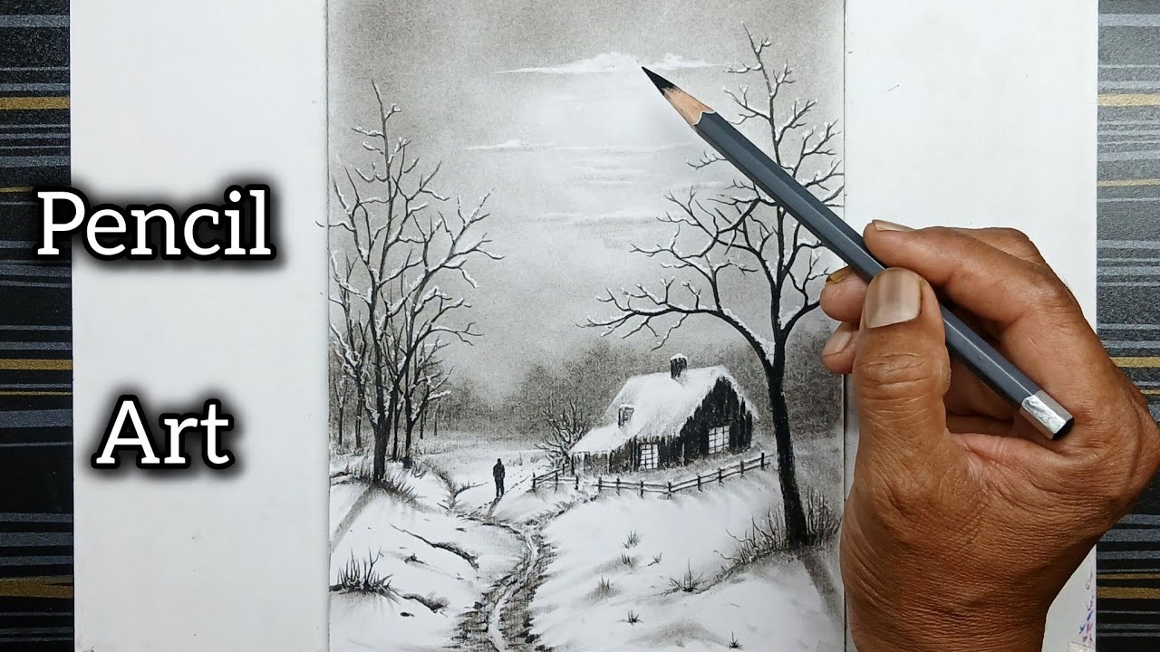 Winter nature landscape scenery drawing painting easy ways by pencils.
