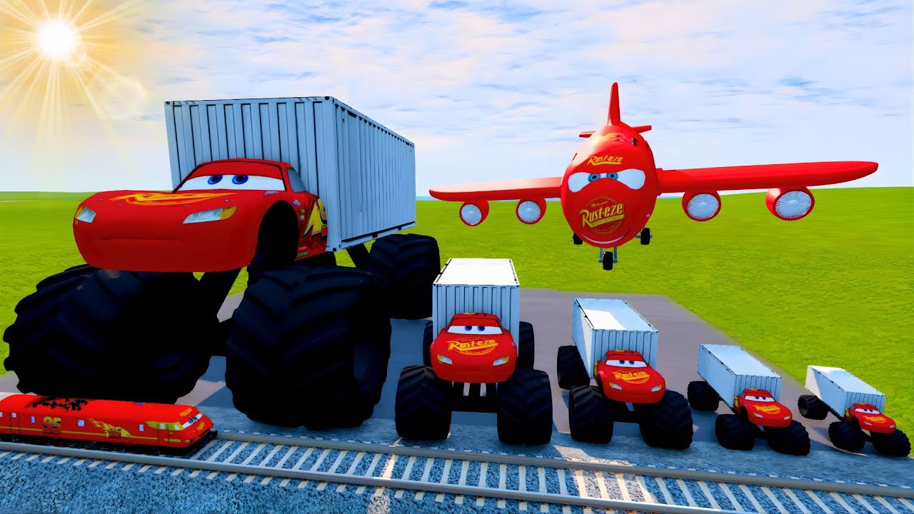 Big & Small Lightning Mcqueen Container & Air Plane vs Trains Thomas  BeamNG Drive