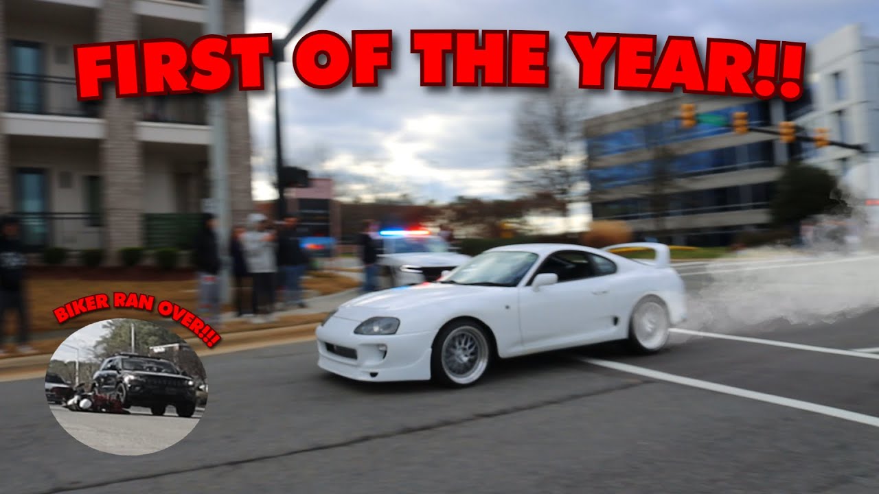 BIKER CRASHES AND GETS RAN OVER!!! | Cars & Coffee Morrisville | 1/13/23