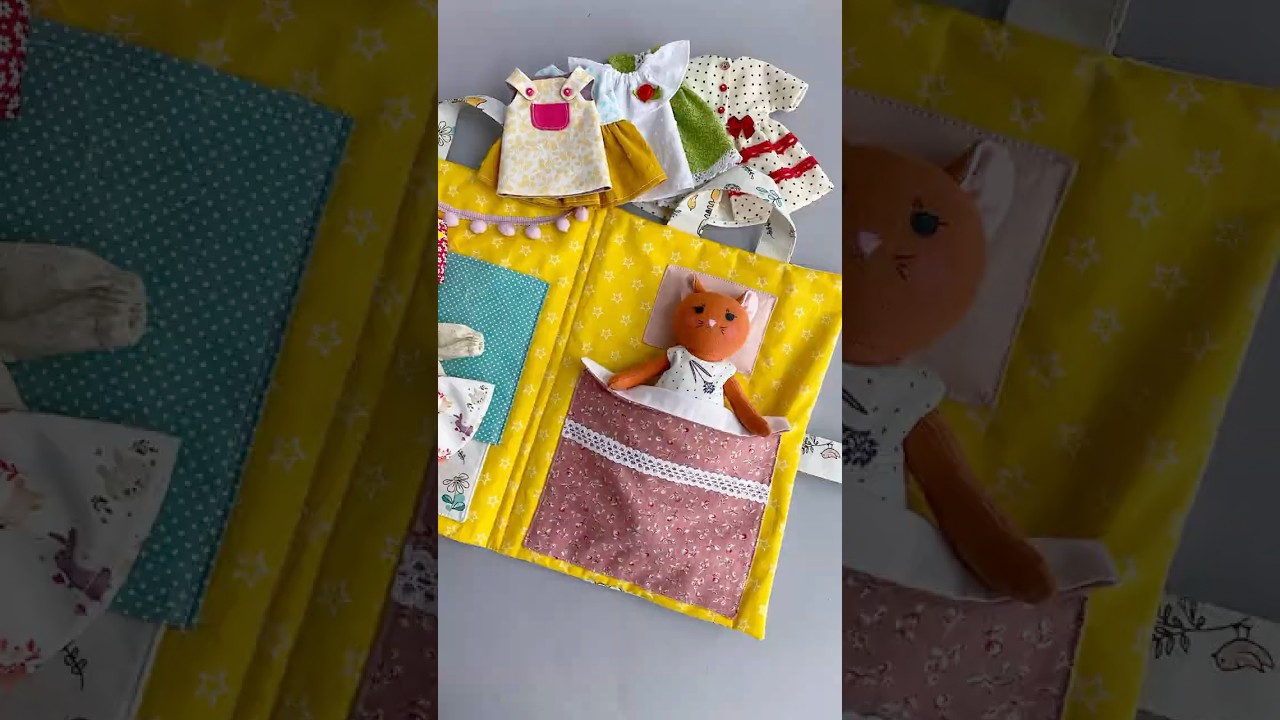 Textile doll kitty with clothes, stuffed toy for kids