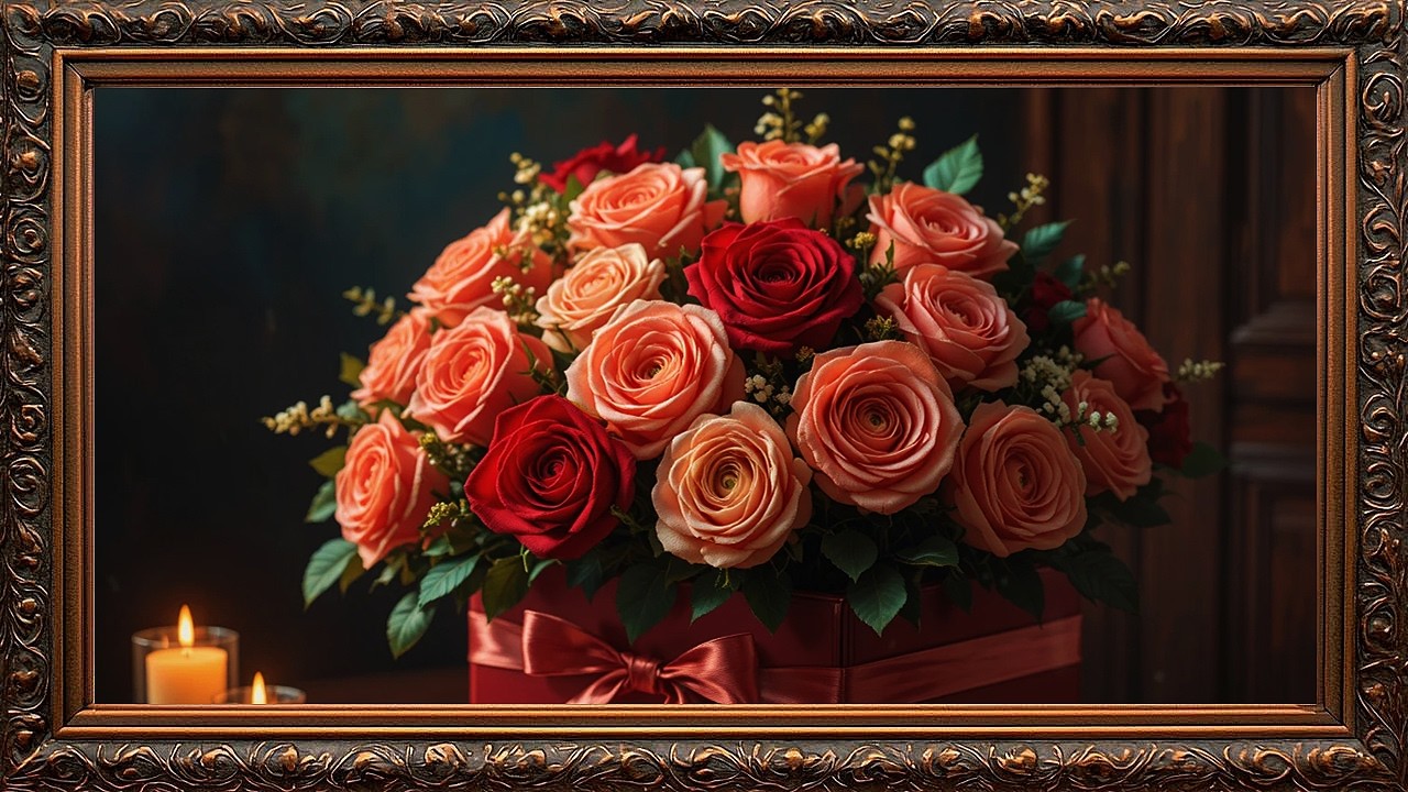Romantic Rose Bouquet & Elegant Gift Box 🎁🌹 Candlelit Baroque Still Life 4K