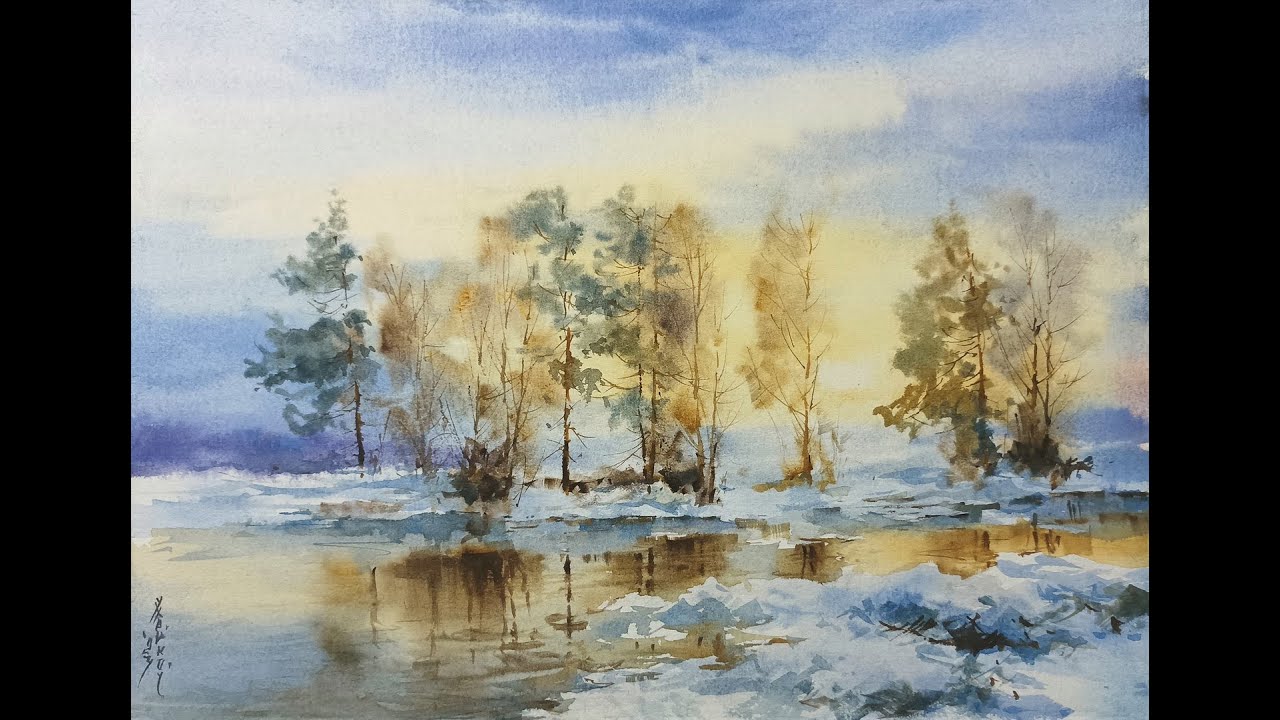 Winter evening.  Watercolor demo. Зимний вечер. Акварель. Sketch 25