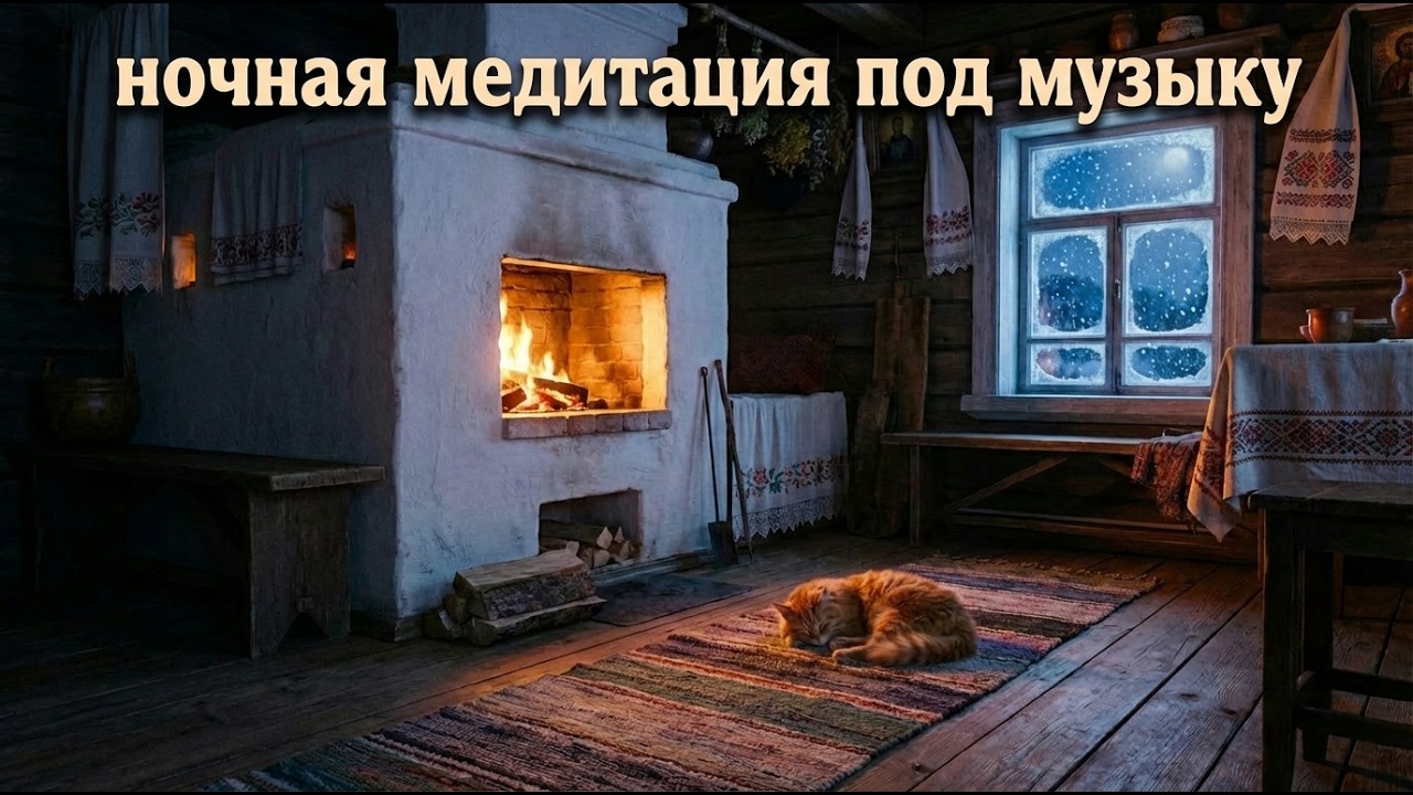 Звуки огня и вьюги, деревня зима, русская печь и котик: релакс атмосфера для сна