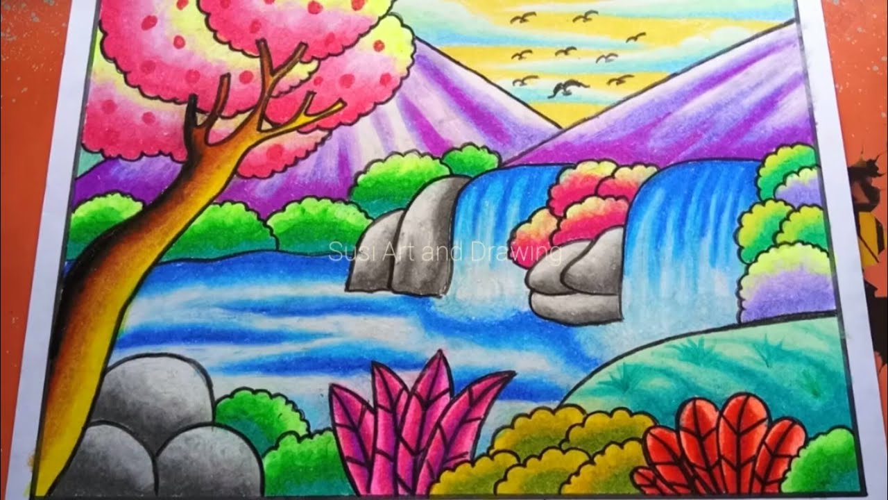 Cara Menggambar dan Mewarnai Pemandangan Air Terjun | Drawing Waterfall Scenery