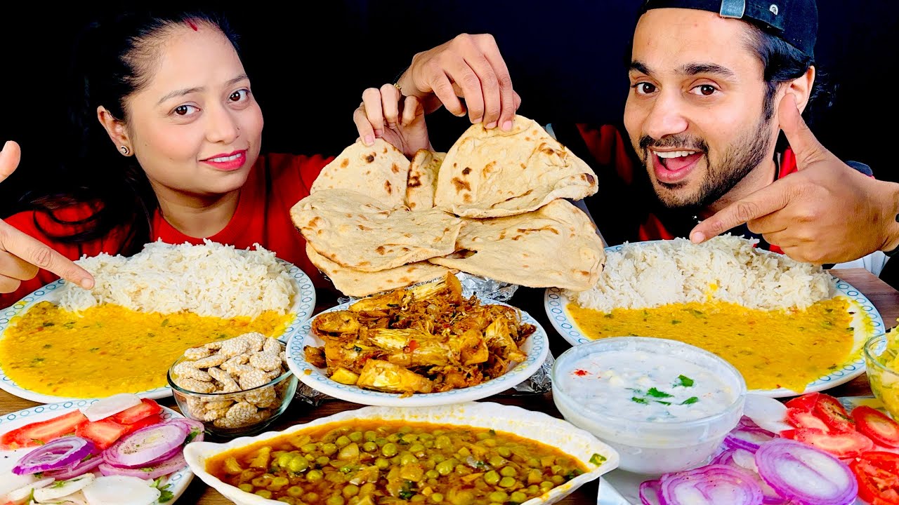 Eating Kathal ki Sabji, Matar Mashroom, Yellow Dal With Rice & Tandoori Roti | Mukbang 