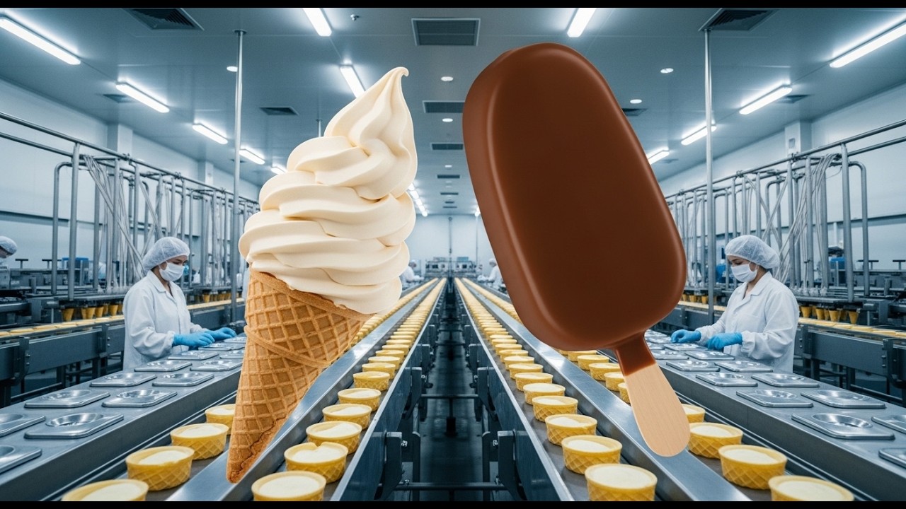 The making of a luxury ice cream using robotic arms, liquid nitrogen effects, and swirl patterns
