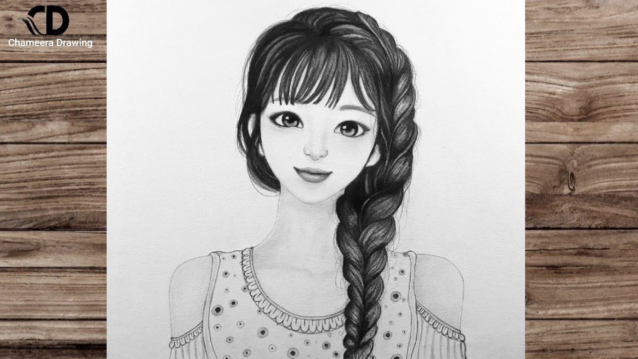 A cute girl with beautiful hair pencil sketch drawing// how to draw a girl// step by step drawing//