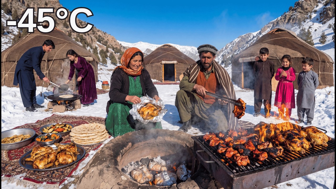 Afghan Nomadic Family: Cooking 5 Goats + 15 Chickens in Underground Earth Oven and Open Fire Grill
