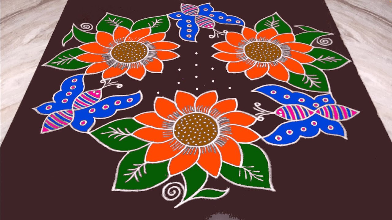 Simple lotus flower rangoli design 15X8 dots | Chukkala muggulu | butterfly kolams | sunflower kolam