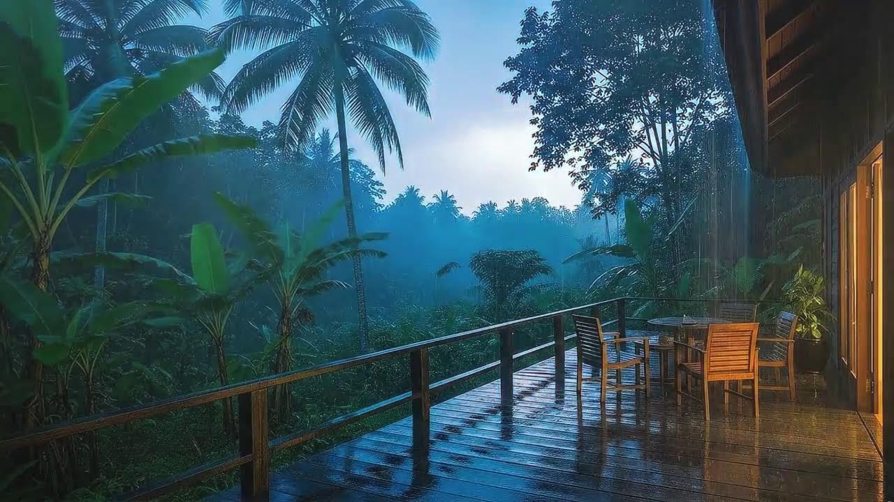 Drift to Sleep with Warm Rain Sounds and Distant Storm at Forest Cabin Terrace 🌧️