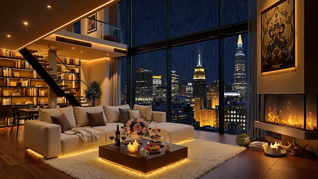 Cozy New York Apartment on a Rainy Night 🌙 Jazz Relaxing Music & Rain Sounds for Sleeping, Relaxing