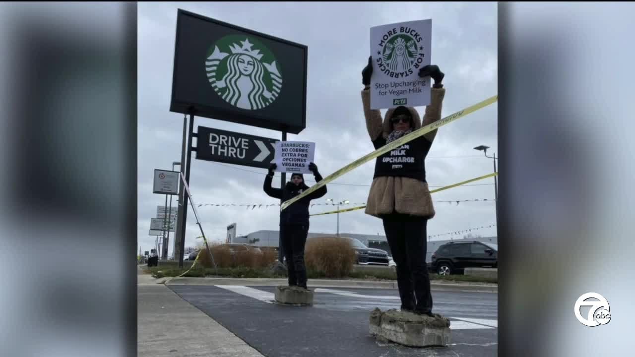 PETA protesters block Detroit Starbucks entrance by encasing feet into concrete