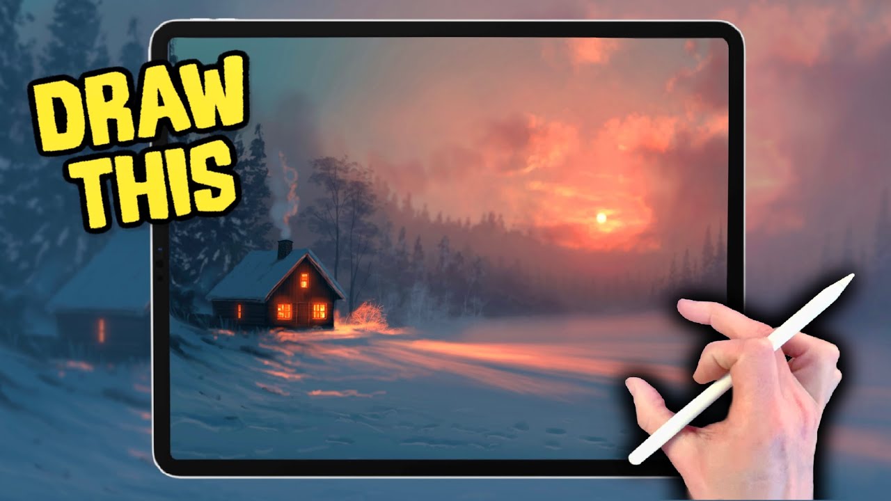 PROCREATE Landscape Drawing Tutorial - SNOW CABIN in easy steps
