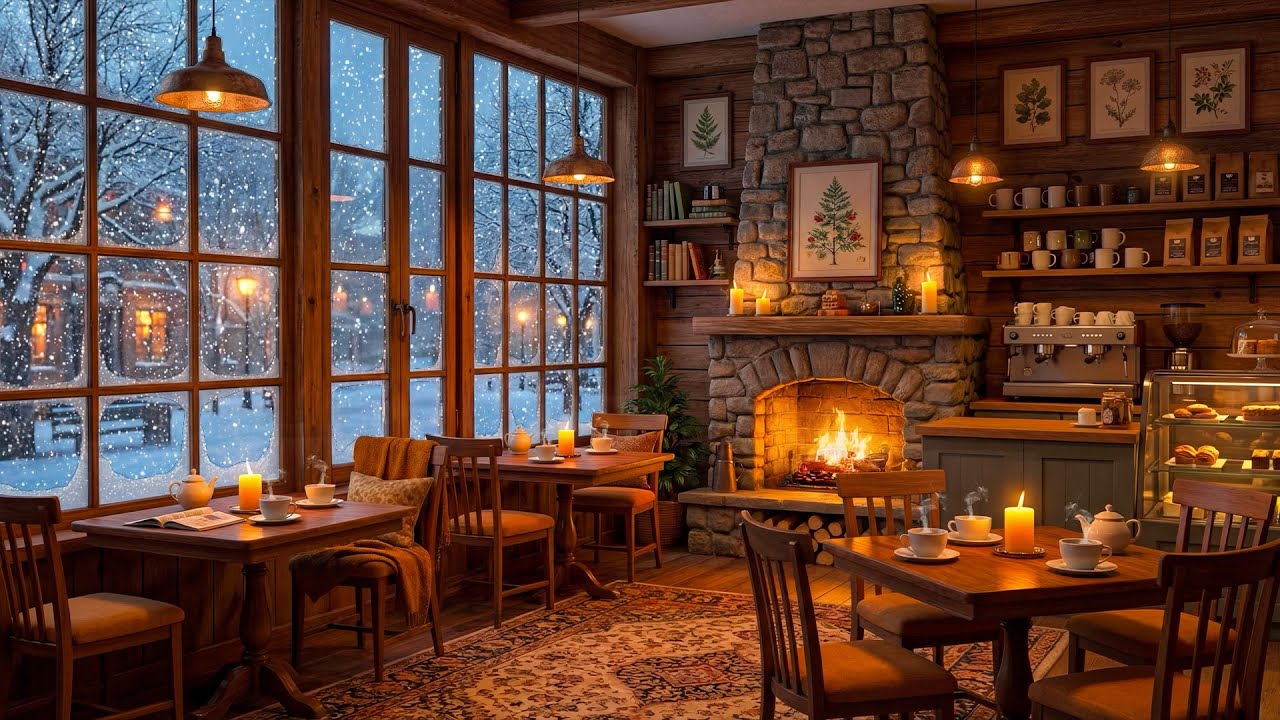 Winter Coffee Shop Jazz Ambience ❄️ Cozy Fireplace Sounds for Study, Work & Relax