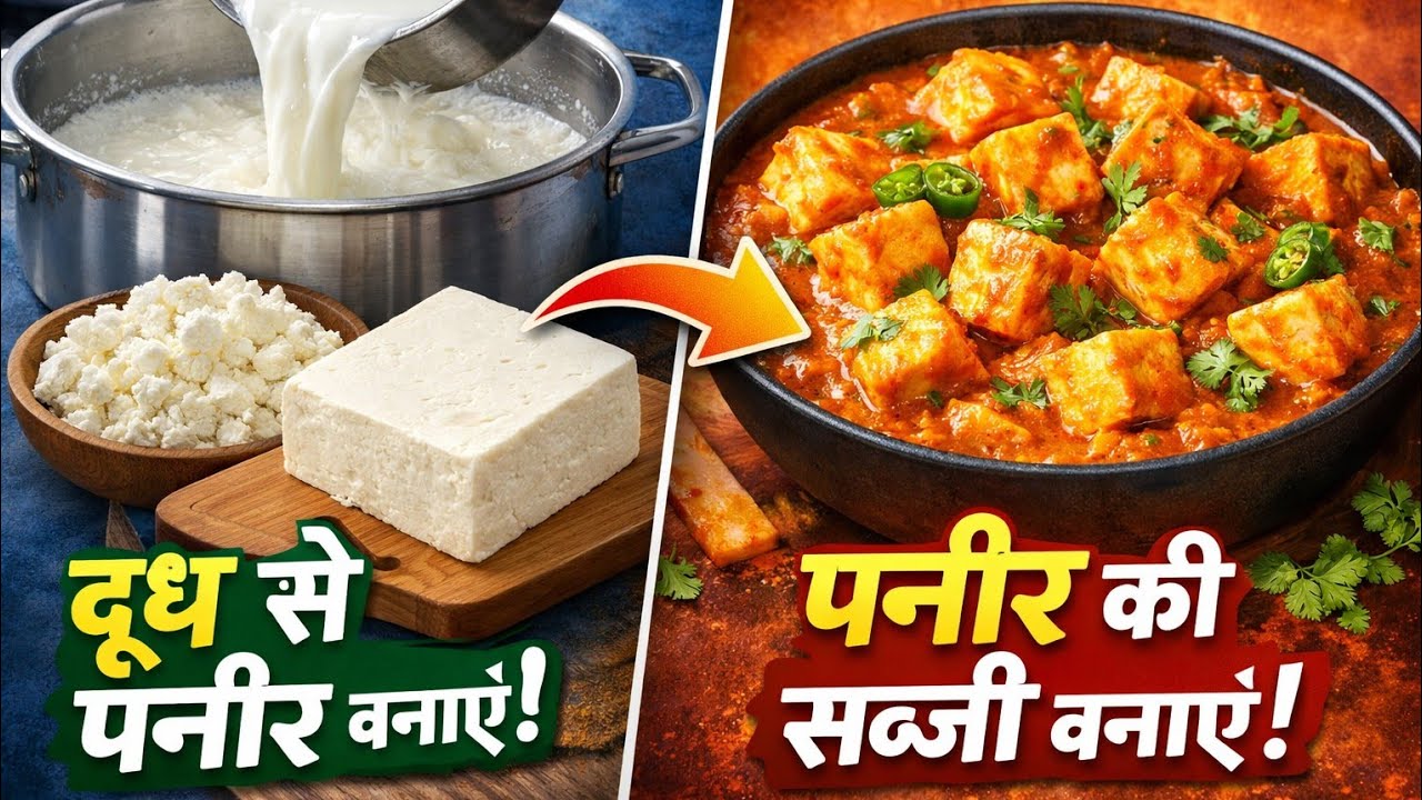 घर पर दूध से पनीर कैसे बनाएं और उसी से पनीर की सब्जी | Paneer Recipe from Milk | Live Cooking