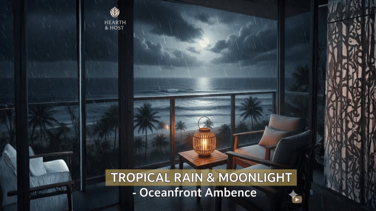 Rainy Night in Tulum: Cozy Oceanfront Balcony & Moonlight Waves