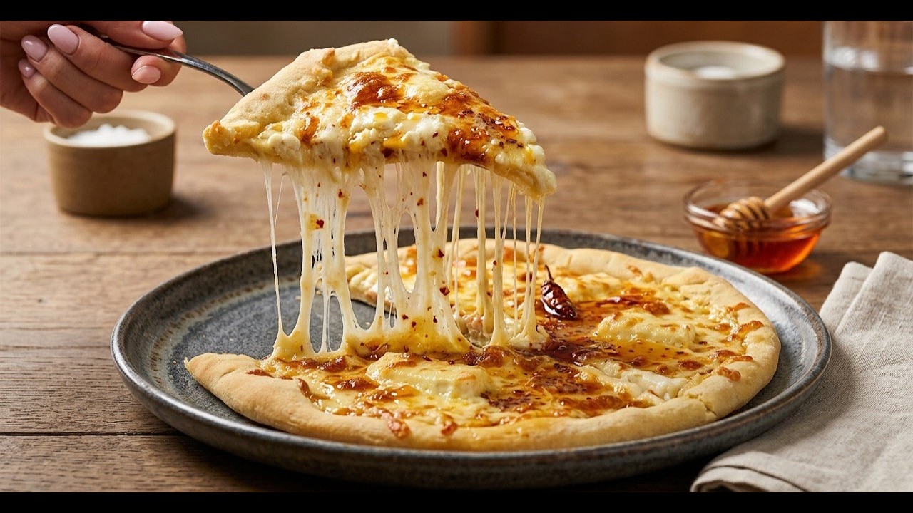 The Ultimate 4-Cheese Pizza with Hot Honey Drizzle  Hot & Cheesy